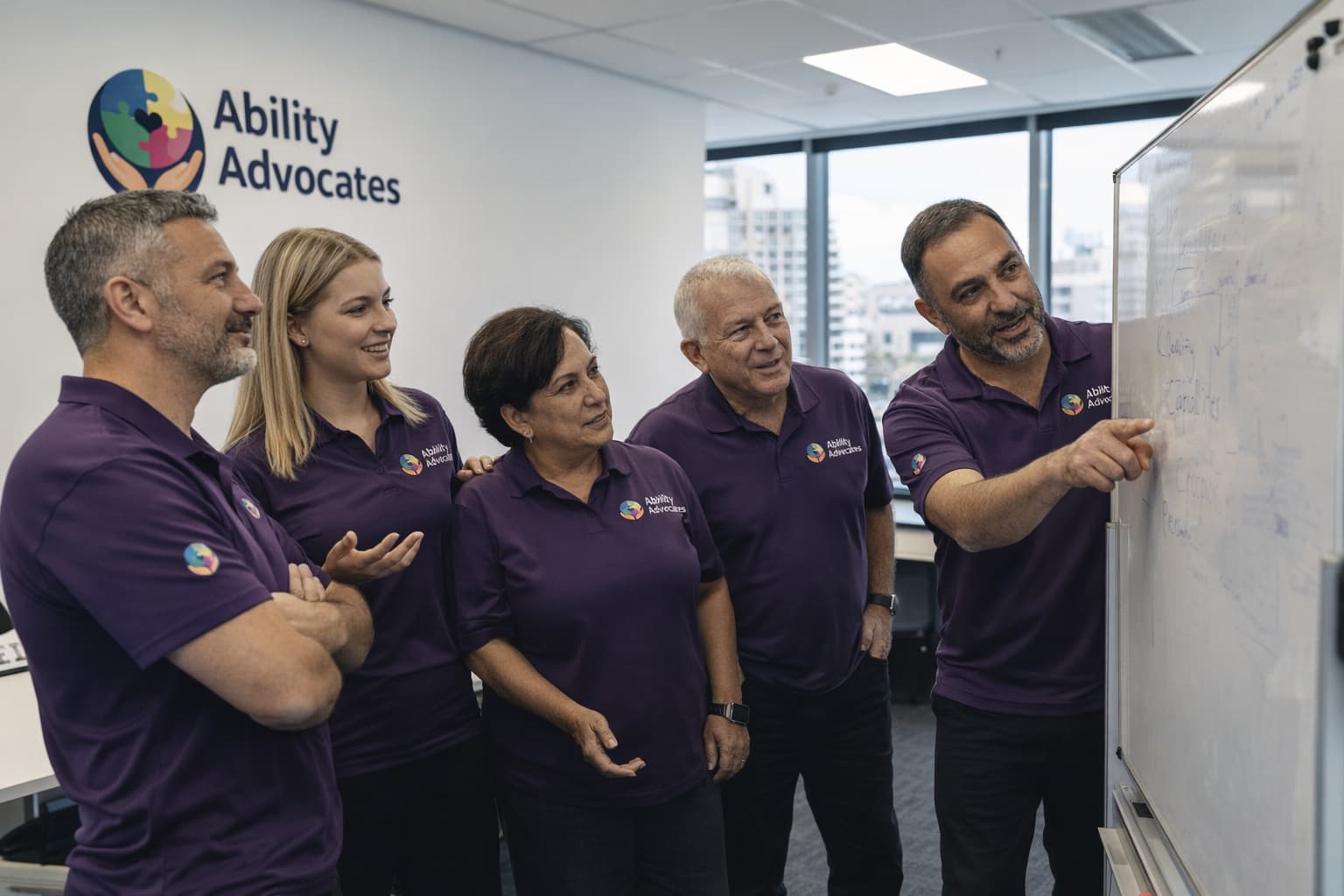 Ability Advocates team in purple shirts in team strategy meeting