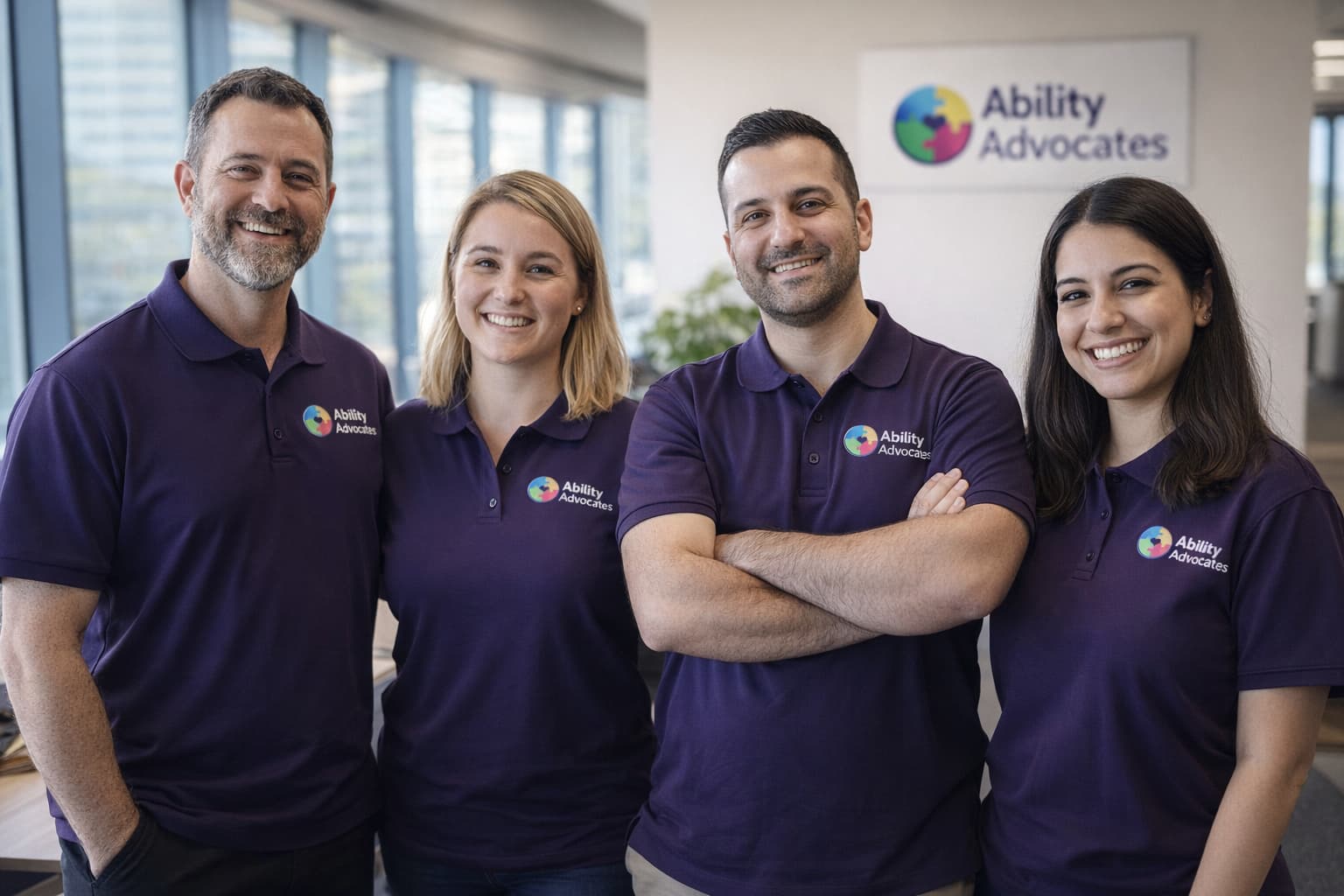 Ability Advocates diverse team in purple shirts in modern Parramatta office