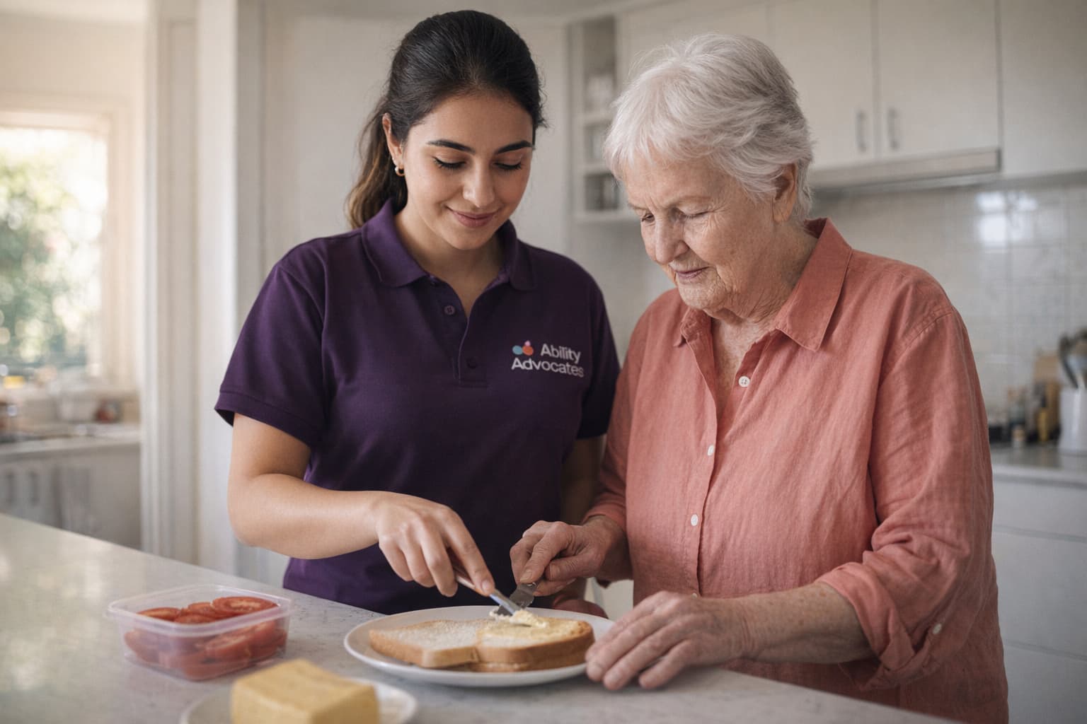 Support worker helping elderly woman with daily living at home