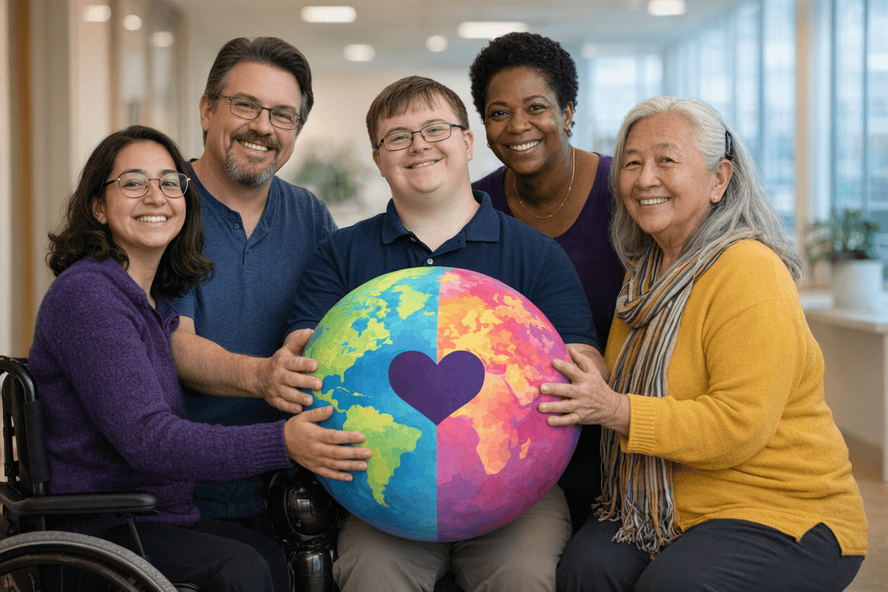 Diverse group of people with disabilities, including a wheelchair user, smiling and holding a colourful heart-shaped globe together