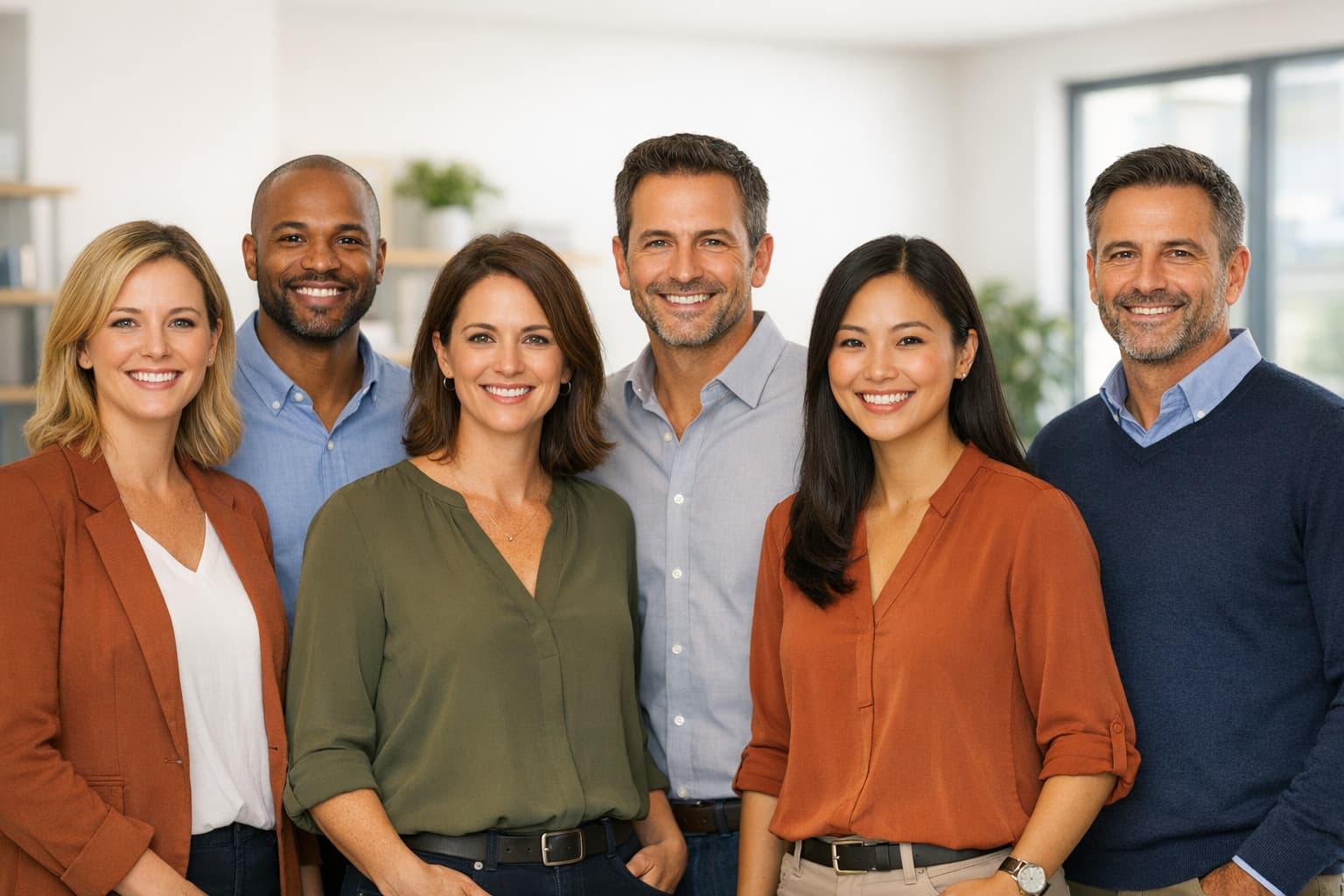 Diverse Ability Advocates staff team smiling together in a modern Parramatta office — all team members fully visible