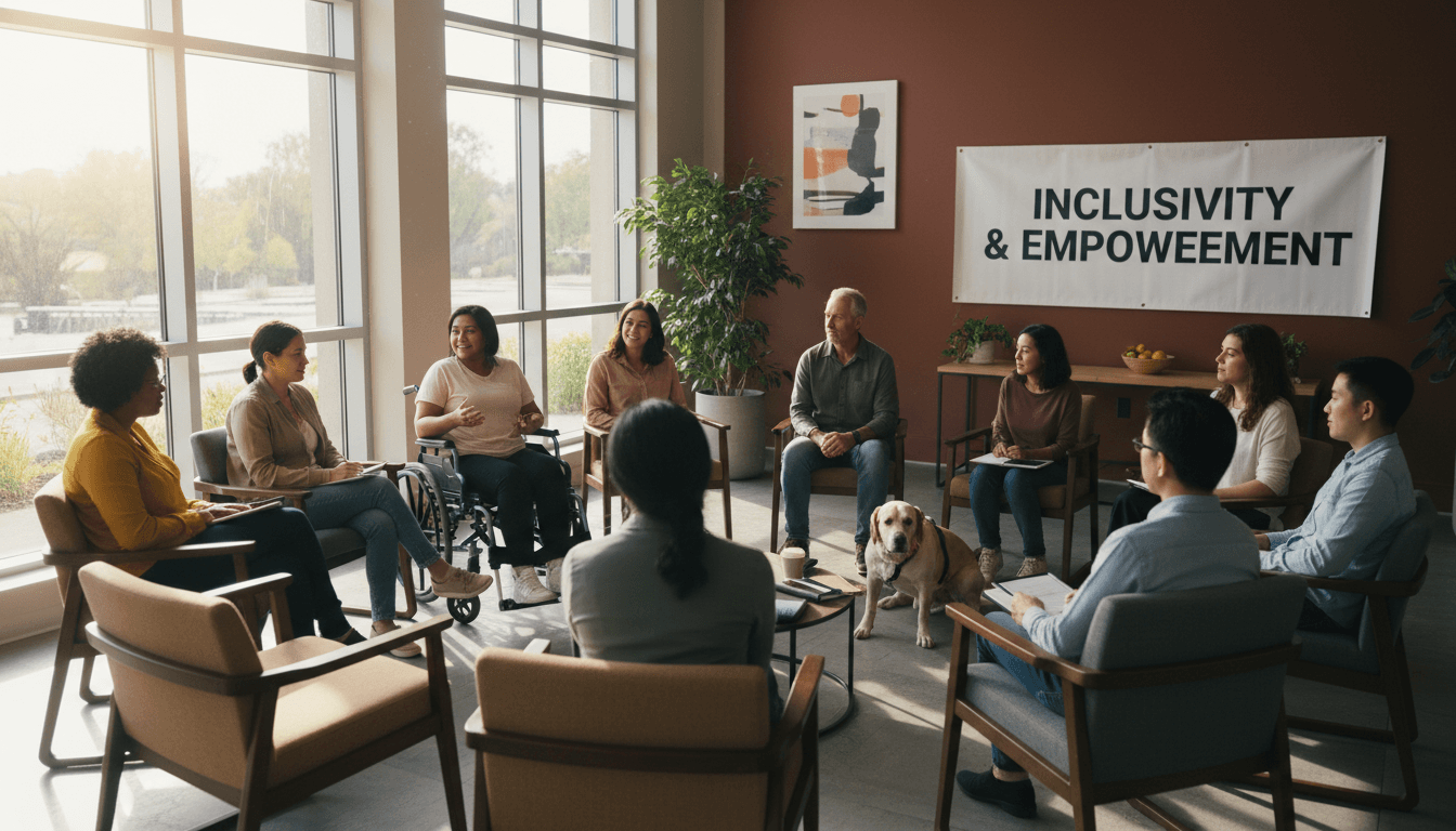 Diverse group with a wheelchair user and service dog meet for inclusivity and empowerment.